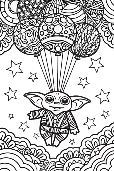 Baby Yoda’s Cosmic Balloon Adventure Coloring Page