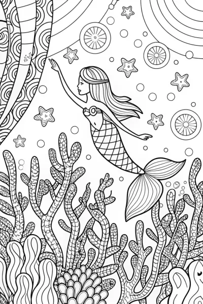 Mermaid’s Celestial Journey Coloring Page