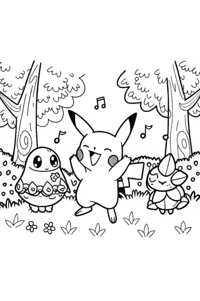 Pikachu’s Forest Dance Party Coloring Page