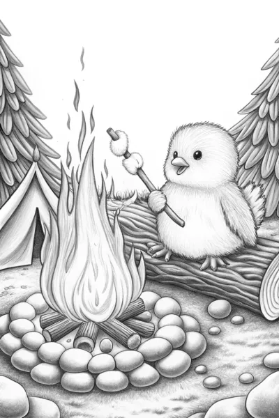 Chick roasting marshmallows by the fire