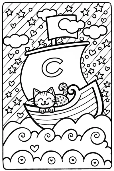 Cheerful Cat on Cloud Ship Coloring Page
