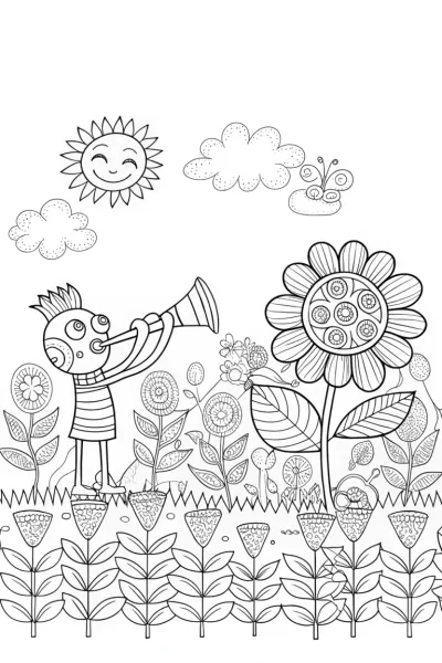 Bluey and Bingo’s Magical Music Garden Coloring Page