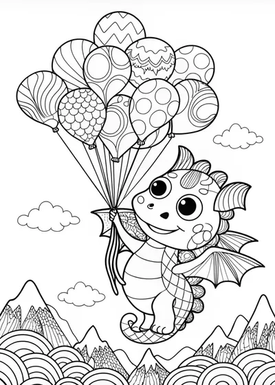 Dragon with Balloons Coloring Page
