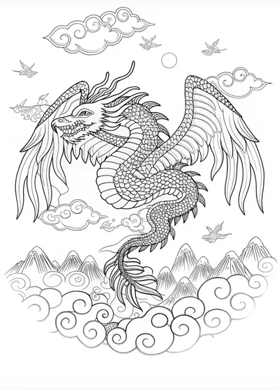 Dragon Soaring Above the Clouds Coloring Page