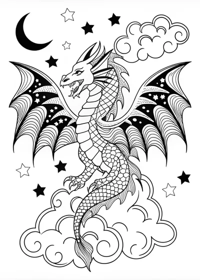 Celestial Dragon Under the Stars Coloring Page