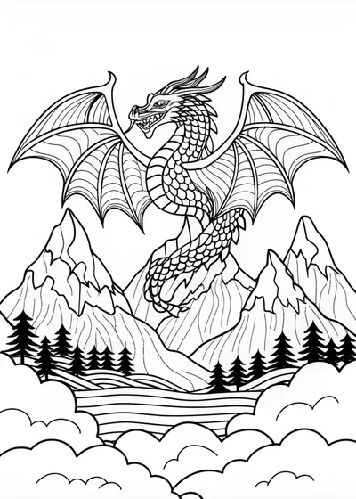Fierce Dragon Overlooking Mountain Peaks Coloring Page