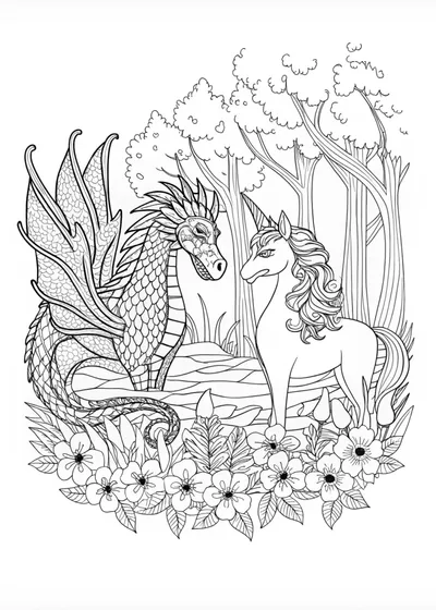 Majestic Dragon Unicorn Coloring Page