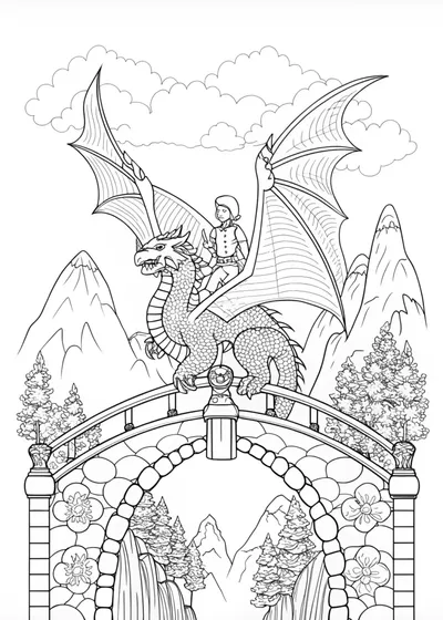 Dragon Over the Bridge Coloring Page
