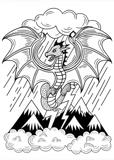 Fierce Dragon in the Storm Coloring Page