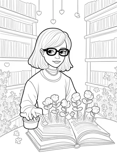 Librarian watering heart flowers