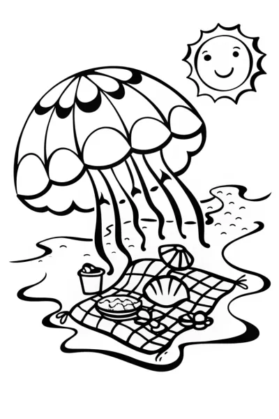 Jellyfish Picnic on the Beach Coloring Page