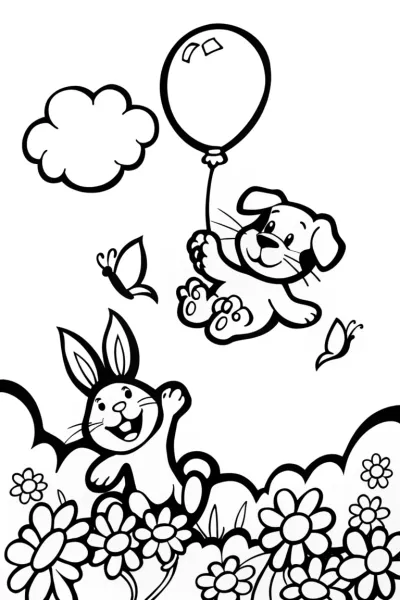 Springtime Balloon Adventure with Cat and Dog