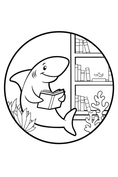 Shark reading in an underwater bookstore