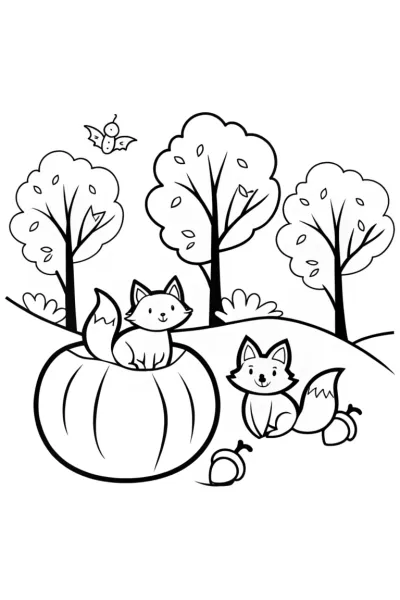 Playful Foxes in a Pumpkin Patch Coloring Page