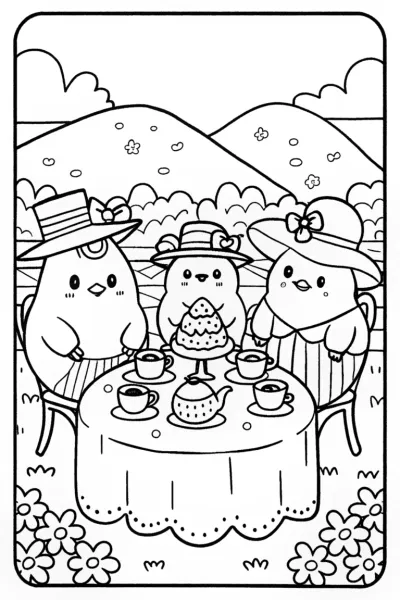 Chickens in a Cozy Tea Party Coloring Page