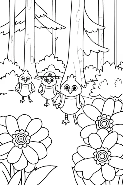 Chickens on a Nature Quest Coloring Page