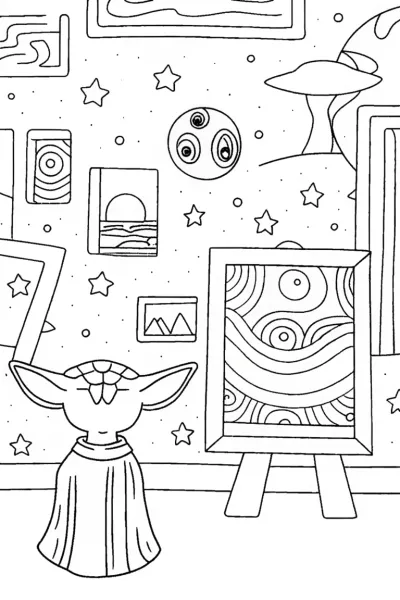 Baby Yoda’s Galactic Art Gallery Coloring Page