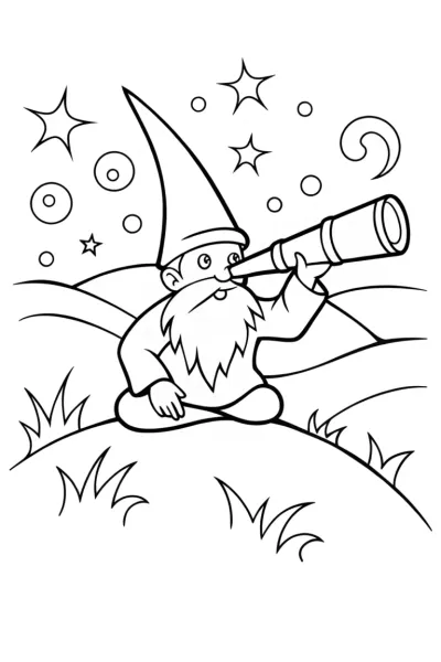 Gnome Stargazing with Fireflies Coloring Page