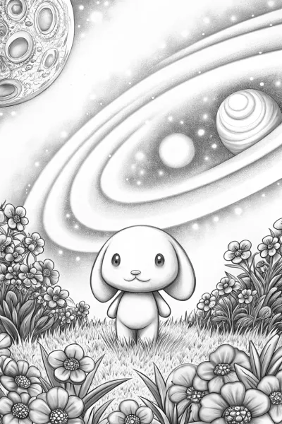 Pompompurin in a cosmic garden
