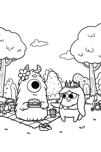 Monster Family Picnic Coloring Page