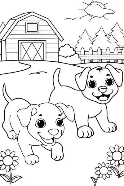 Playful Puppies on the Farm Coloring Page