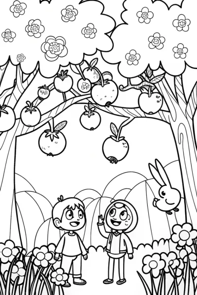 Springtime Adventure in the Enchanted Orchard Coloring Page