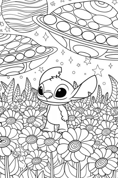 Stitch’s vibrant garden journey coloring page