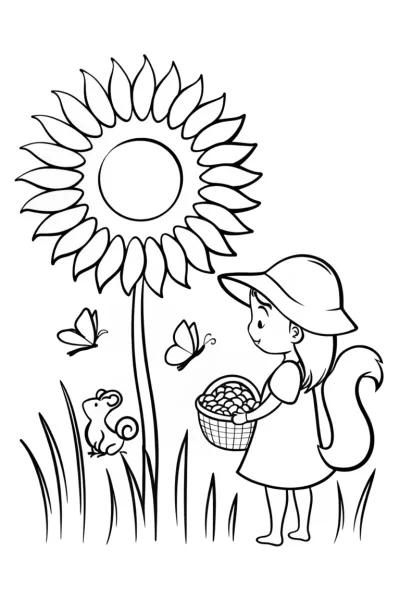 Sunflower Adventure with a Friendly Squirrel Coloring Page