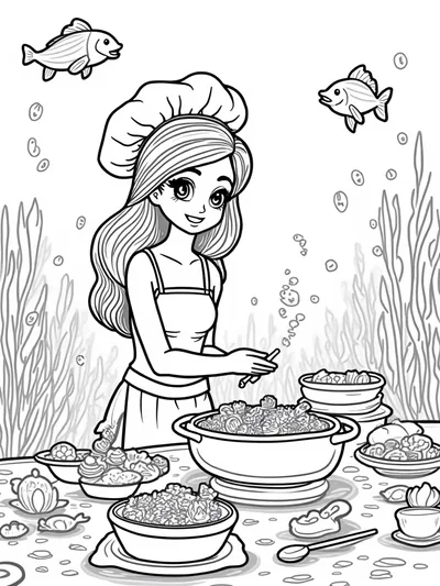 Mermaid chef hosting a sea feast