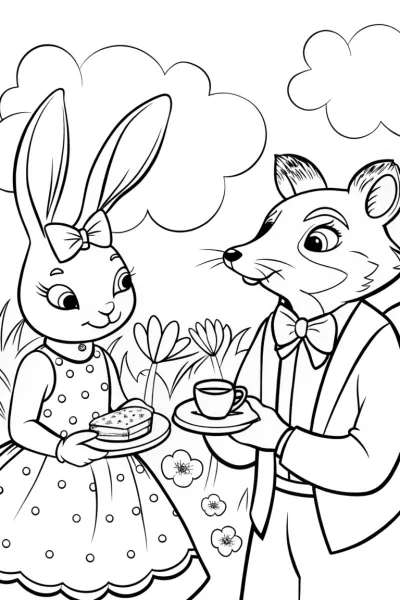 Rabbit and Fox Tea Party Coloring Page