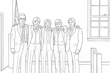 A coloring page of groomsmen at a wedding