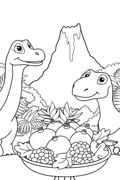 Dinosaurs sharing a Thanksgiving feast