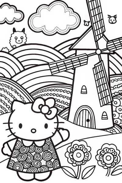 Hello Kitty’s Whimsical Windmill Coloring Page