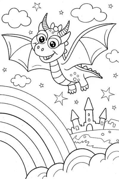 Friendly Dragon and Rainbow Coloring Page