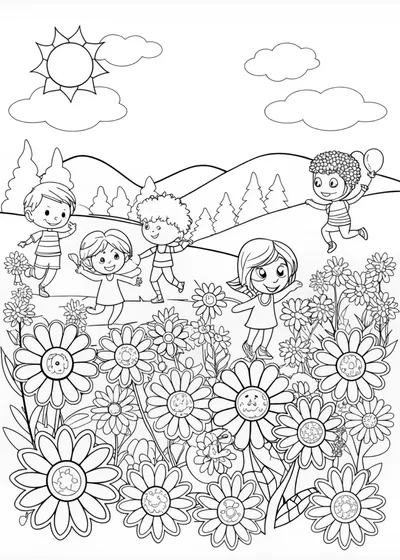 Happy Kids Playing in a Flower Field