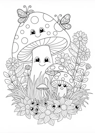 Happy Mushroom Fun Coloring Page