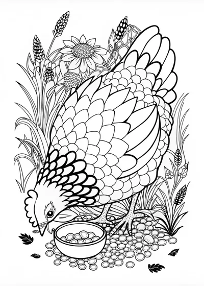 Hen Eating Seeds – Intricate Coloring Page