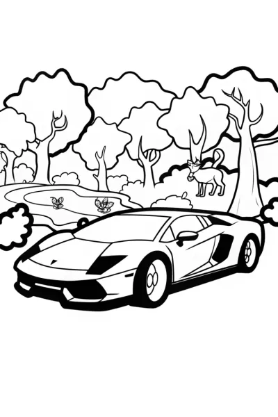 Lamborghini Adventure in the Forest Coloring Page