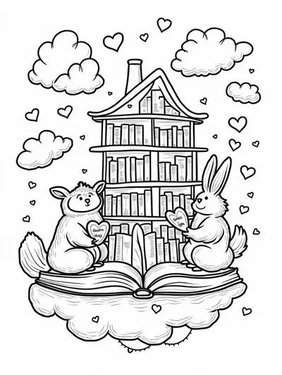 Animals reading in a floating library