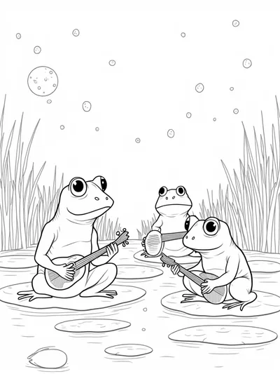 Frogs playing instruments in marsh
