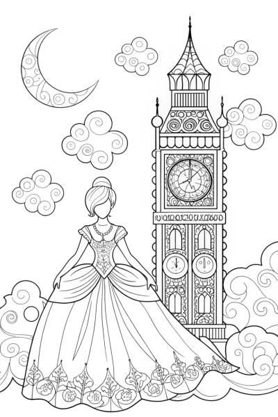 The Princess and the Enchanted Clocktower Coloring Page