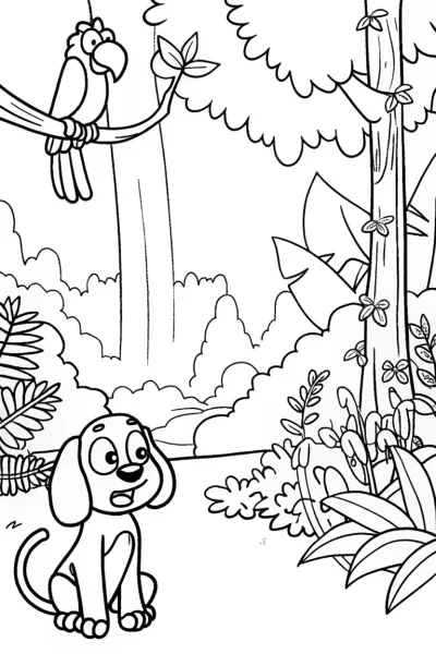 Puppy Explorer in the Jungle Coloring Page