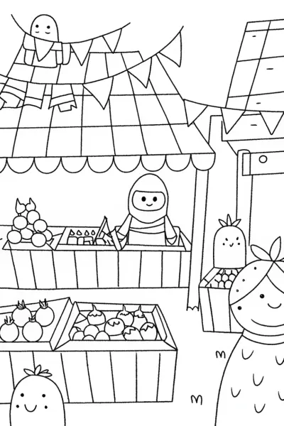 Ninja Market Adventure Coloring Page