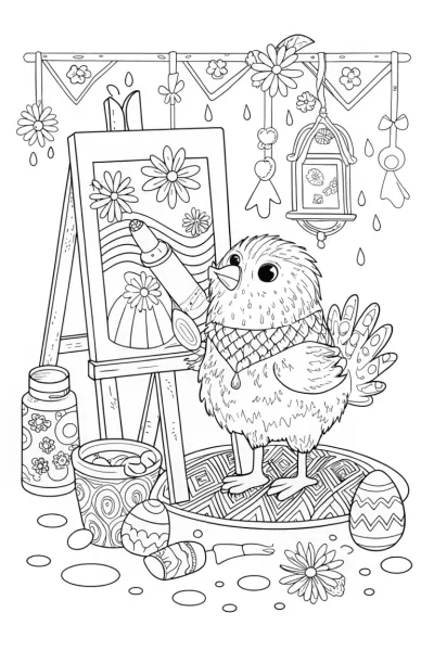 Chick’s Adventure in the Art Studio Coloring Page