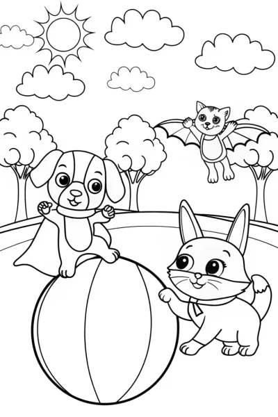 Superhero Pets in Training Coloring Page