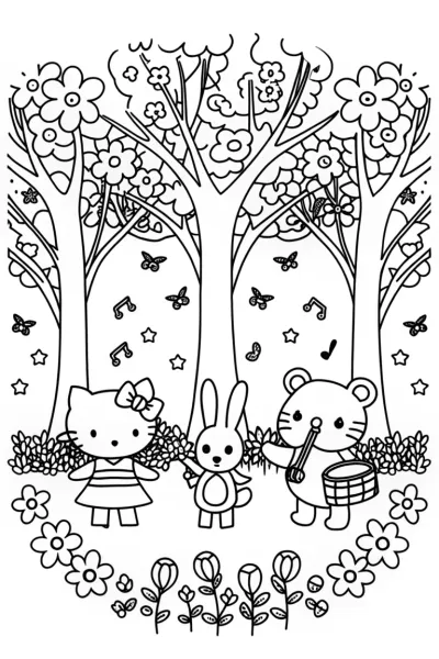 Hello Kitty’s Whimsical Garden Concert Coloring Page