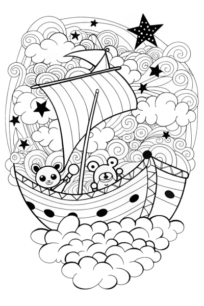 Whimsical Cloud Adventure with Bear Friends Coloring Page
