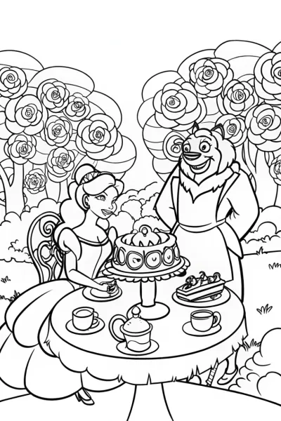 Belle and Beast Tea Party Coloring Page