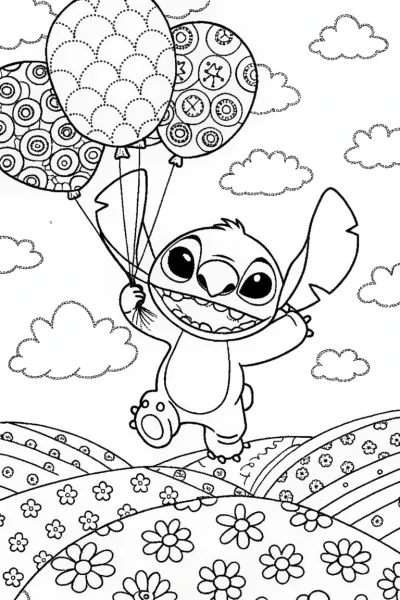 Stitch’s Whimsical Balloon Adventure Coloring Page