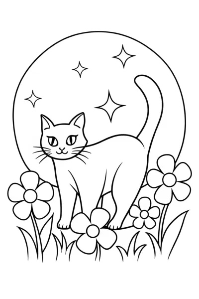 Shadow the Cat in a Moonlit Garden Coloring Page